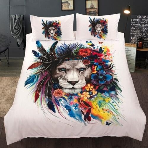 Lion Head Print In Flowers With Pillowcase Duvet Cover Sets Bed Double Queen King Size Quilt Covers Pillowcase