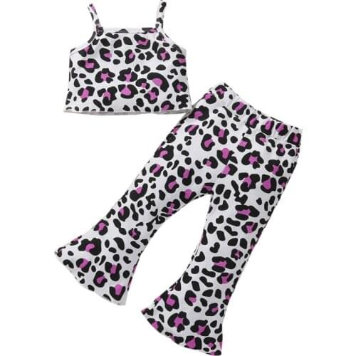 Pudcoco 3-8Y 2Pcs Baby Girls Toddler Kids Summer Sleeveless Sling Leopard Print Purple Vest Tops+Flare Pants Outfit Sets
