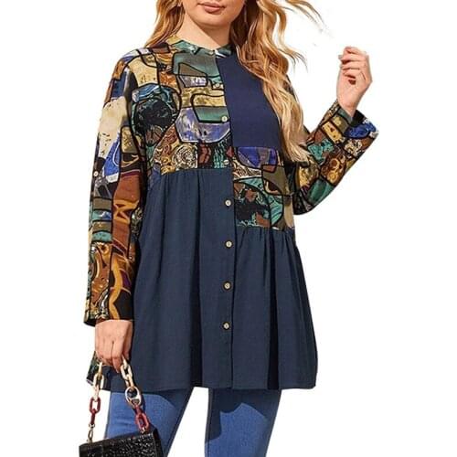 Plus Size Women Shirt 2021 Spring Autumn Long Sleeve Retro Printing Patchwork Casual Long Blouse Shirt Ladies Tops