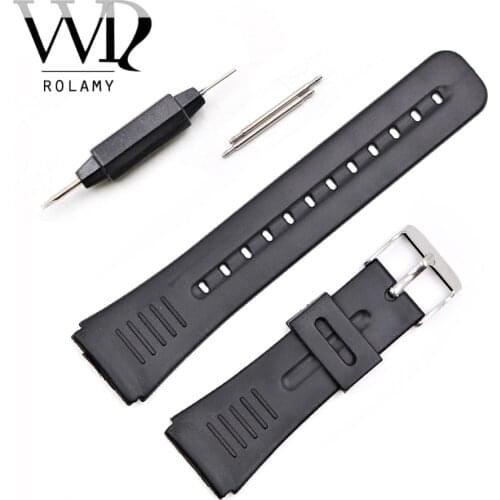 Rolamy 22mm Watch Band Strap Silicone Rubber Silver Polished Spring Bar Buckle Black Replacement Straight End For Casio Huawei