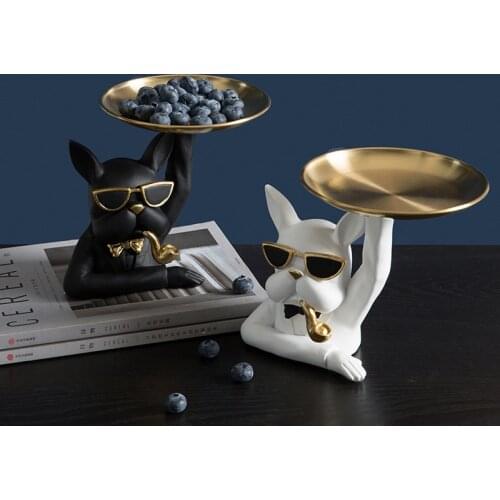 Nordic luxury fruit plate Bulldog resin figurine ornaments modern home decoration porch tea table key storage snack candy tray