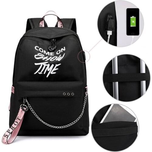 Winmax Luminous Fashion Ribbons Backpack Women Letters Print USB Charging School Bags for Girls Travel Laptop Rucksack Bookbags