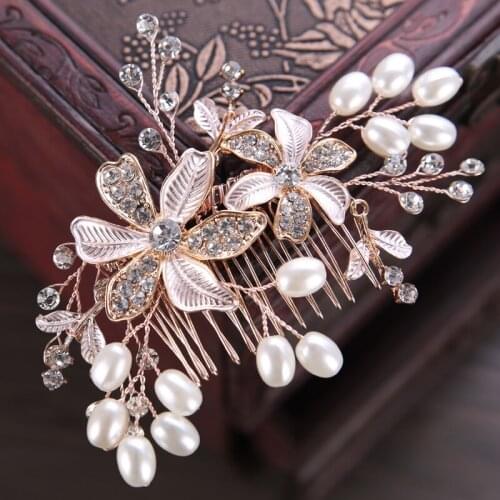 Wedding Women Pearl Flower Hair Combs Beautiful Rhinestone Hair Jewelry HandmadeGold Color Bridal Hair Ornament Accessories