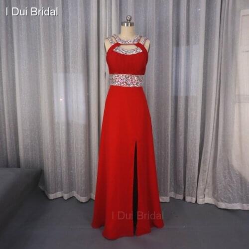 Split Skirt Sexy Prom Dress Hot Sell Factory Custom Make Shinny Crystal Beaded A line Chiffon Real Photo