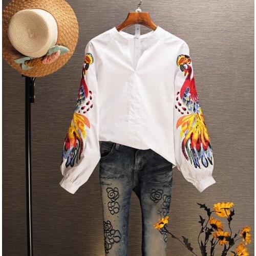 Womens Spring autumn phoenix embroidery cotton Shirt Female Vintage National Loose Casual plus size cotton Shirt Blouse TB1034