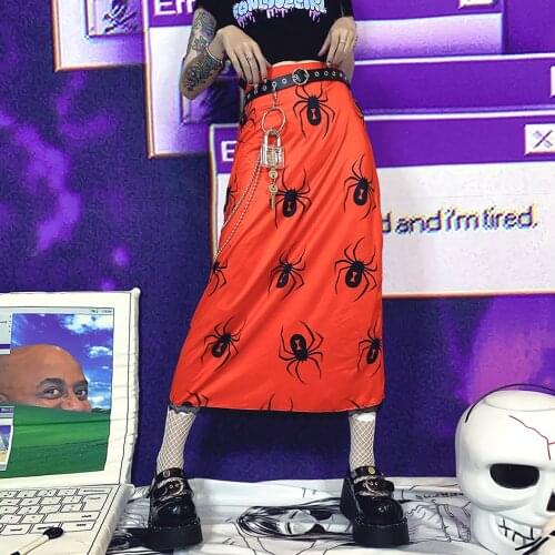 2021 Summer WomenS Midi Skirt Skull Spider Soil Cool Punk Dark A-Line Skirts Print Mid-Calf High Waist Harajuku Skirt Female