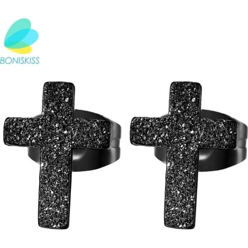 Boniskiss Dull Polish Small Black Stainless Steel Cross Stud Earrings For Women & Men Hot Fashion Brincos Pendientes