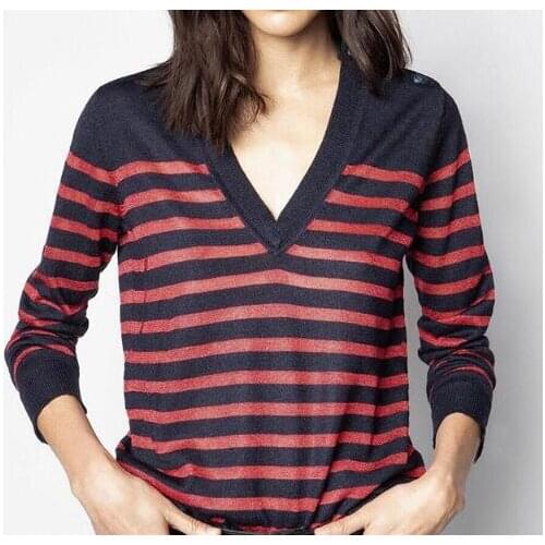 Women Sweater Autumn/Spring New Wool Yarn Striped V Neck Knit Top Long Sleeve Pullovers