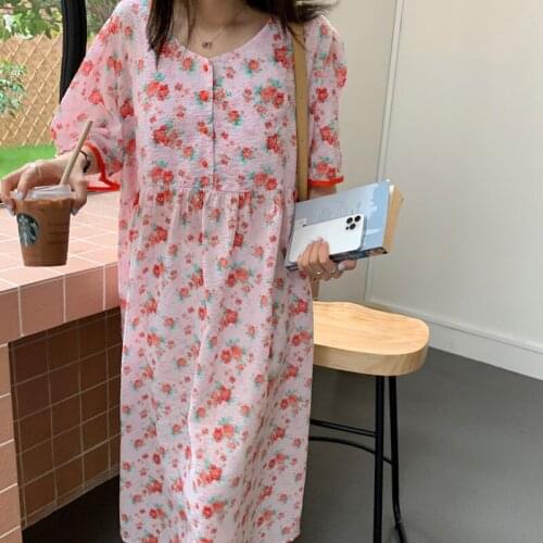 Korean Chic One-Piece Puff Short Sleeve Elegant Floral Dress Women Summer New Fashion Vintage Loose Print Robe Dresses Vestidos