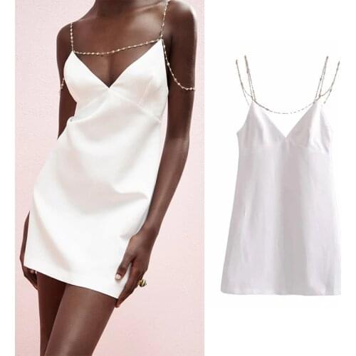 TRAF Za 2021 Summer Jewel Chain Strap Dresses Woman White Backless Sundress Fashion Back Zip Sexy Club Dress Woman Mini Dress