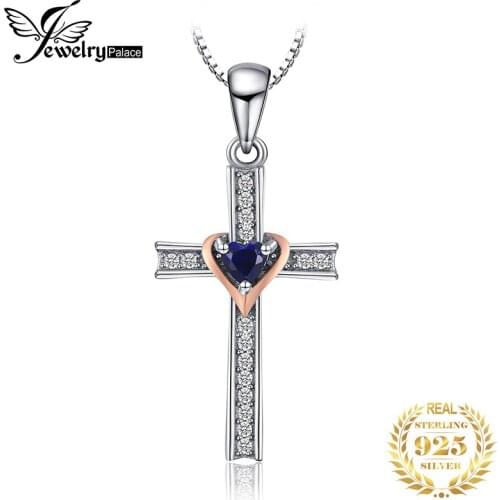 Cross Heart Created Blue Sapphire Pendant Necklace 925 Sterling Silver Gemstones Choker Statement Necklace Women No Chain
