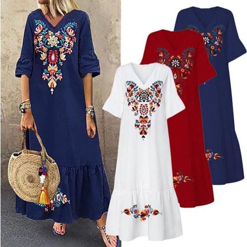 Women Summer Vintage V Neck Short Sleeve Floral Print Large Hem Long Loose Dress