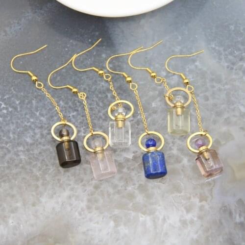 1Pair Gold Plated Crystal Quartz Perfume Bottle Earrings Lapis Amethysts Pendant,Gems Essential Oil Diffuser Vial Charms