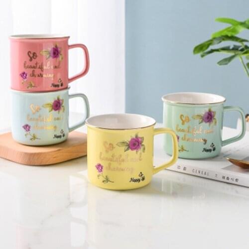 1Pcs 240mL/300mL/310mL Cute Enamel Coffee Mug Creative Flower Language Milk Tea Juice Gold Coffee Ceramic Cups Gifts for Friends