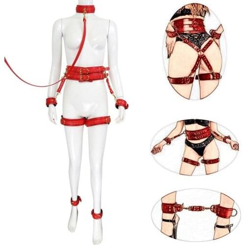 BDSM Woman Harness Clothing Leather Body Bondage Gear Waist Thigh Restraints Cuffs with Handcuffs Fetish Sex Toys for Slave