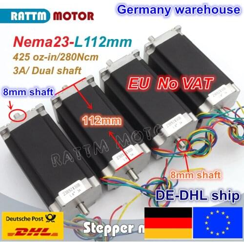 【DE Ship】 free VAT 4 pcs NEMA23 425Oz-in 2.8N.m 112mm Length Dual shaft stepper motor stepping motor/3A for CNC Router Engraving