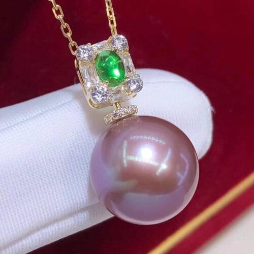 D915 Pearl Pendant Fine Jewelry 925 Sterling Silver Round 11-12mm Nature Fresh Water Purple Pearls Pendants Necklaces for Women