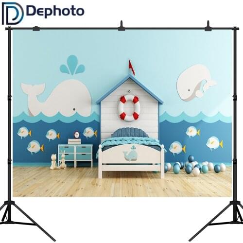 Dephoto Cartoon Nautical Style Birthday Backdrop Whale Sea Background Wooden Floor Kids Children Portrait Photoshoot Props