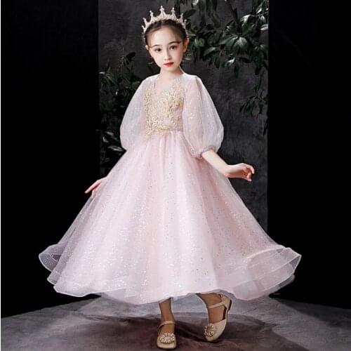 New Sequin Lace Flower Girl Dress for Weddings Half Sleeves Princess Dress Girl Party Communion Pageant Gown Long Vestidos