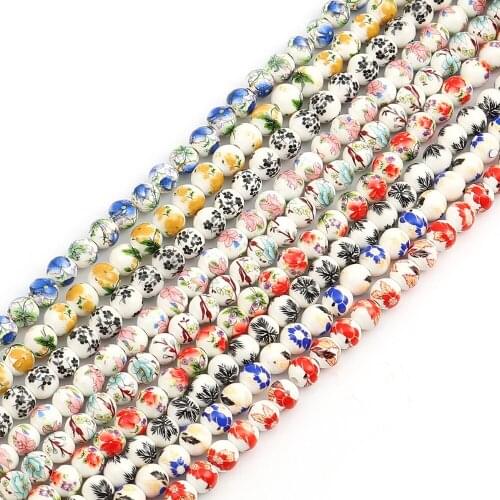 Doreen Box Ceramic Beads Round Flower About 9mm( 3/8") Dia. - 8mm( 3/8") Dia.,30.5cm(12") long, 1 Strand (Approx 40 PCs/Strand)