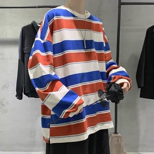 Autumn Men T Shirt Oversized Striped Long Sleeve Round Neck Korean Harajuku Hip Pop Streetwear Unisex Vintage Couple Clothesing