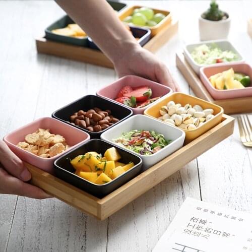 Ceramic Square Shape Bowls With Bamboo Wood Tray Nordic Creative Fruits Platter Snacks Plate Desserts Plate Home Tableware