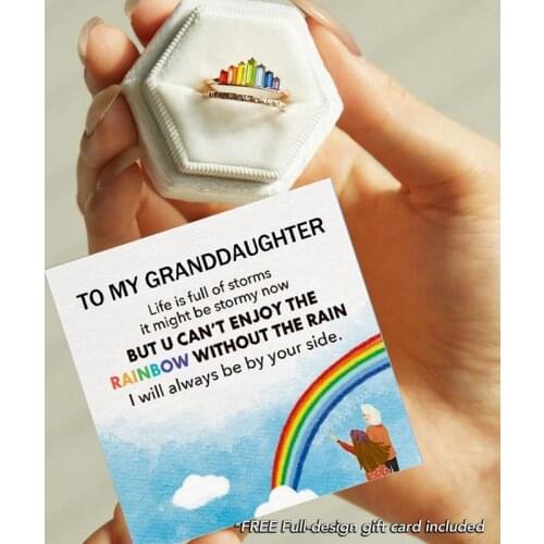 Rainbow Crown Rings for Women to My Granddaughter Birthday Adjustable Rose Gold Crystal Ring Gift from Nana Female Jewelry