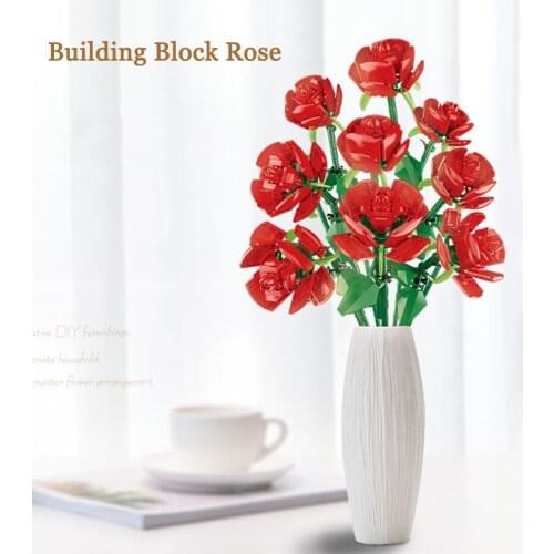 Girl Building Block Rose Bouquet Model Brick Creative Home Plant DIY Decoration Bouquet Building Block Children Toy Gift No Box