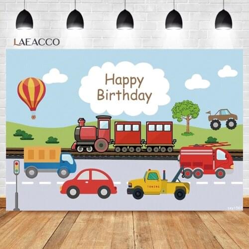 Laeacco Baby Shower Happy Birthday Traffic Car Cloud Balloon Truck Train Customized Photo Background Photo Backdrop Photo Studio
