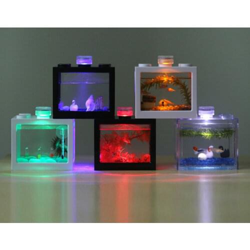 Mini Fish Tanks Betta Fish Tank Aquarium Tank Building Block Fish Bowl Office Table Decoration Home Decor LED Light Feeding Box