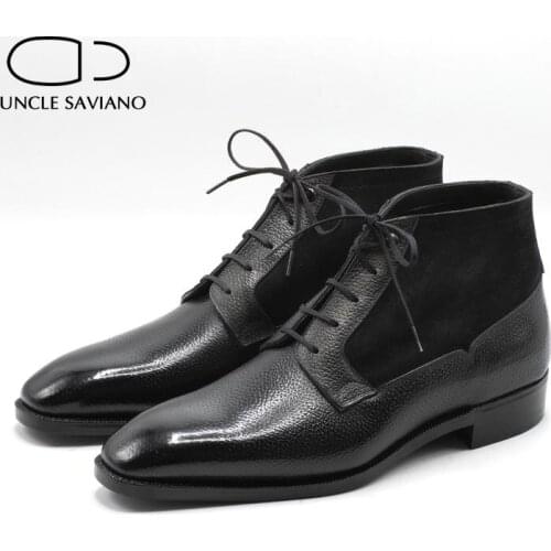 Uncle Saviano Stitching Winter Black Mens Boots Shoes Add Velvet Concise Fashion Work Boots Lace Up Shoes Men Genuine Leather
