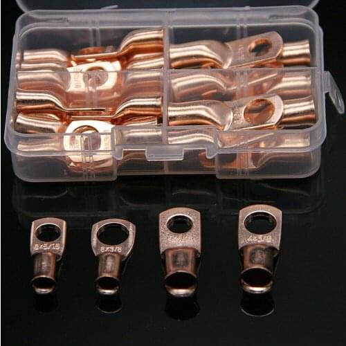 30Pcs Assortment 4/8 AWG Bare Copper Lug Ring Wire Connectors Closed Ends Bare Cable Splice Crimp Terminals Box Kit 4AWG