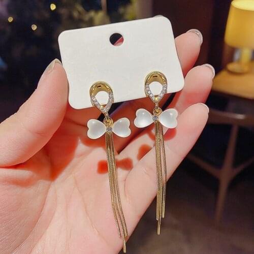 New Korean Fashion Temperament Simple Opal Bow Long Tassel Drop Earrings For Women Jewelry Girls Wedding Party Gift