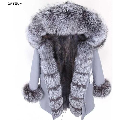 OFTBUY 2021 Winter Jacket Women Real Fur Coat Parka Real fox collar fox fur liner black striped long coat Streetwear new fashion