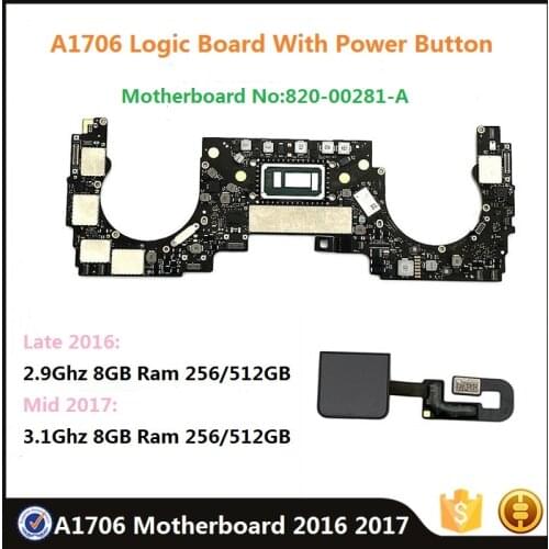 Original A1706 Motherboard 2.9G/3.1Ghz 8G Ram 256/512GB With Power Button For MacBook Pro 13" A1706 2016 2017 Logic Board Tested