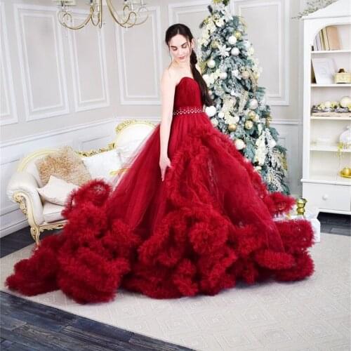 Luxury Ruffles Maternity Dresses Dark Red Tiered Maternity Gown for Photoshoot Boudoir Evening Robe Bathrobe Nightwear Babydoll