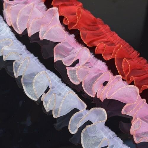 Handmade pleats skirt flounced lace fabric wedding golden edge lace trim clothing DIY headwear Snow yarn ruffles lace