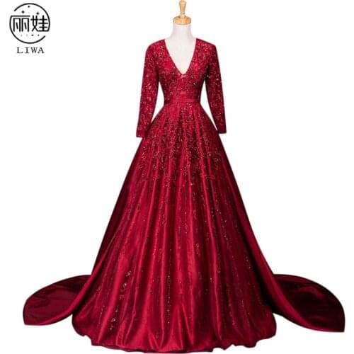 Sexy Deep V-Neck Evening Dresses 2016 Lace Embroidery Satin Slim Backless Long Court Train Ball Gown Bridal Vestido De FestaBV40