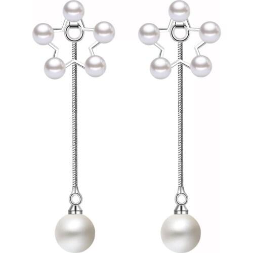 S925 Silver Earring Pearl Star Pentagon Long Tassel Drop Earring For Women Wedding Gift Lady Girl Fashion Jewelry