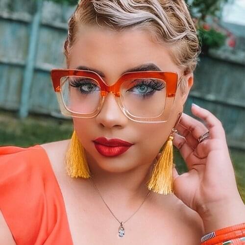 Vintage Square Glasses Frame Luxury Brand Champagne Orange Oversized Eyeglasses Frame Female Pearl Decoration Optical Eyewear