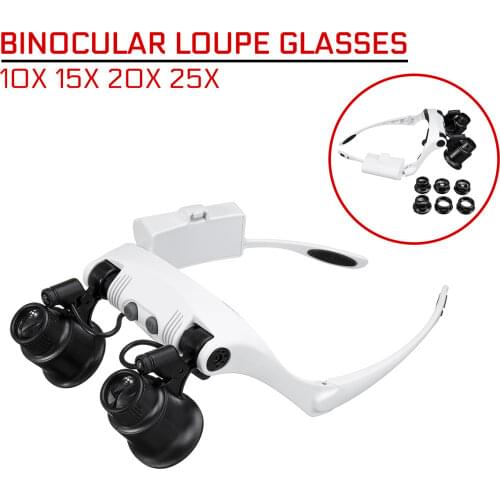 10X 15X 20X 25X LED Magnifier Double Eye Glasses Loupe Lens Professional Jeweler Watch Repair Measurement with 8 Lens LED lamp