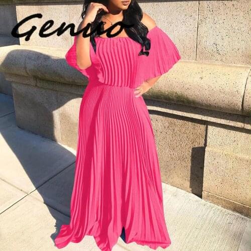 Boho Sexy Off Shoulder Pleated Long Maxi Floor-Length Dress Bohemian Vacation Beach Casual Loose Elegant 2019 Women Fashion