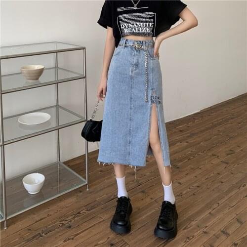 Denim Skirt Women Fashion High Waist Solid Slit Jean Skirts Spring Summer Blue Black Slim Bottoms Streetwear