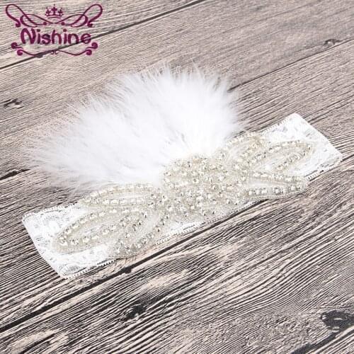 Nishine Girls Kids Flower Rhinestone Elastic Lace Headband Newborn Feather Crown Soft Headwear Party Wedding Hair Accessories