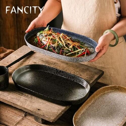 FANCITY Japanese Oval Dish fish plate domestic large steamed fish plate retro dish creative personalized restaurant ceramic pla