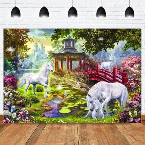 Cartoon Fairy Tale Photography Backdrop Unicorn Wonderland Birthday Photo Background Floral Castle Backdrop Photoshoot Photocall