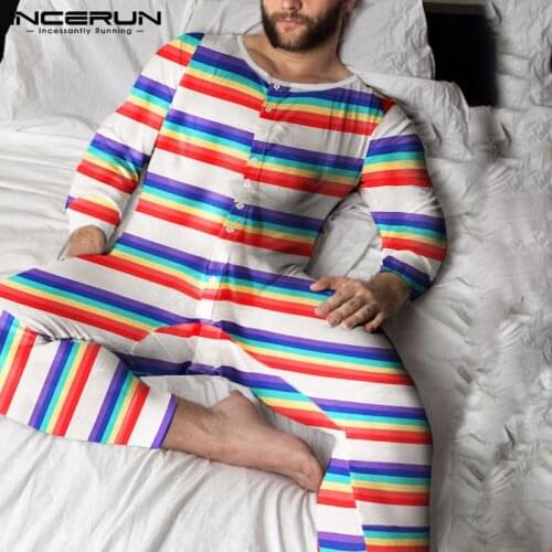 INCERUN Men Pajamas Jumpsuits Striped Homewear O Neck Long Sleeve Fitness Rompers Comfortable Button Nightwear Mens Overalls 5XL