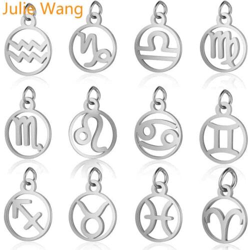 Julie Wang 5PCS 12 Constellations Zodiac Charms Stainless Steel Fashion Name Necklace Bracelet Finding Jewelry Making Accessory