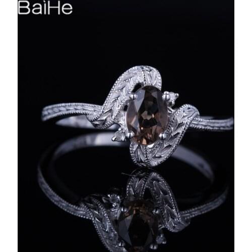 BAIHE Solid 14K White Gold 0.6CT Brown Flawless Ovel Smokey Quartz Wedding Gift Women Trendy Fine Jewelry Smokey Quartz Ring