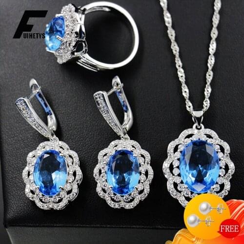 Luxury 925 Silver Jewelry Set Rings Earrings Necklace for Women Oval Sapphire Zircon Gemstones Accessories Wedding Party Gift